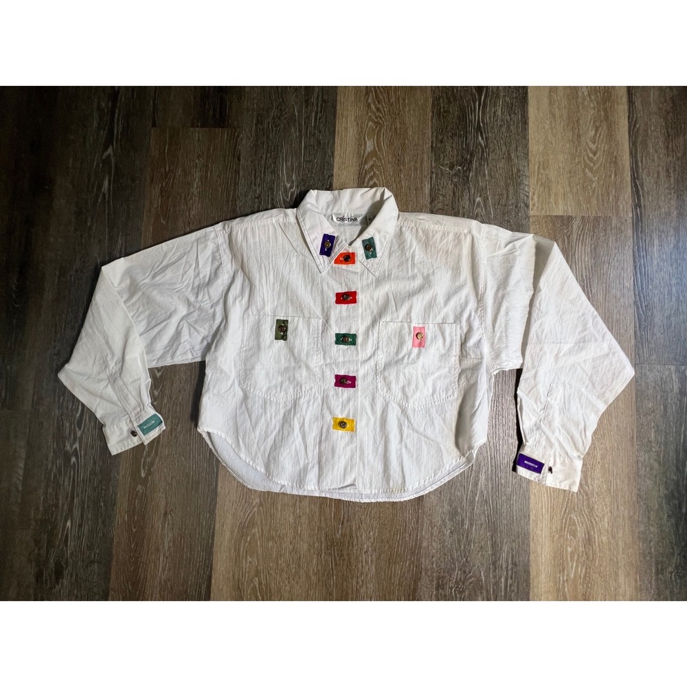 Cristina Button Down Shirt Womens Large White Multi Color Ribbon Art Teacher 90s